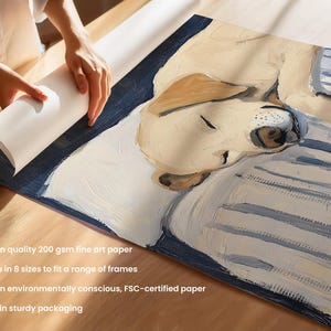 K&ouml;nnte beinhalten: Ein Gem&auml;lde eines schlafenden Hundes auf einem wei&szlig;-blau gestreiften Bett. Der Hund ist hellbraun mit einer wei&szlig;en Brust und Pfoten. Das Gem&auml;lde ist in einem lockeren, impressionistischen Stil gehalten.