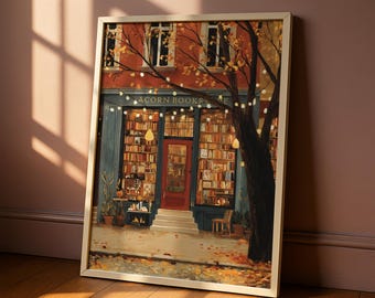 Bookstore Wall Art, Autumn/Fall Bookshop Print, Reading Nook Poster, Cozy Literary Home Decor, Vintage City Street Art – Acorn Books