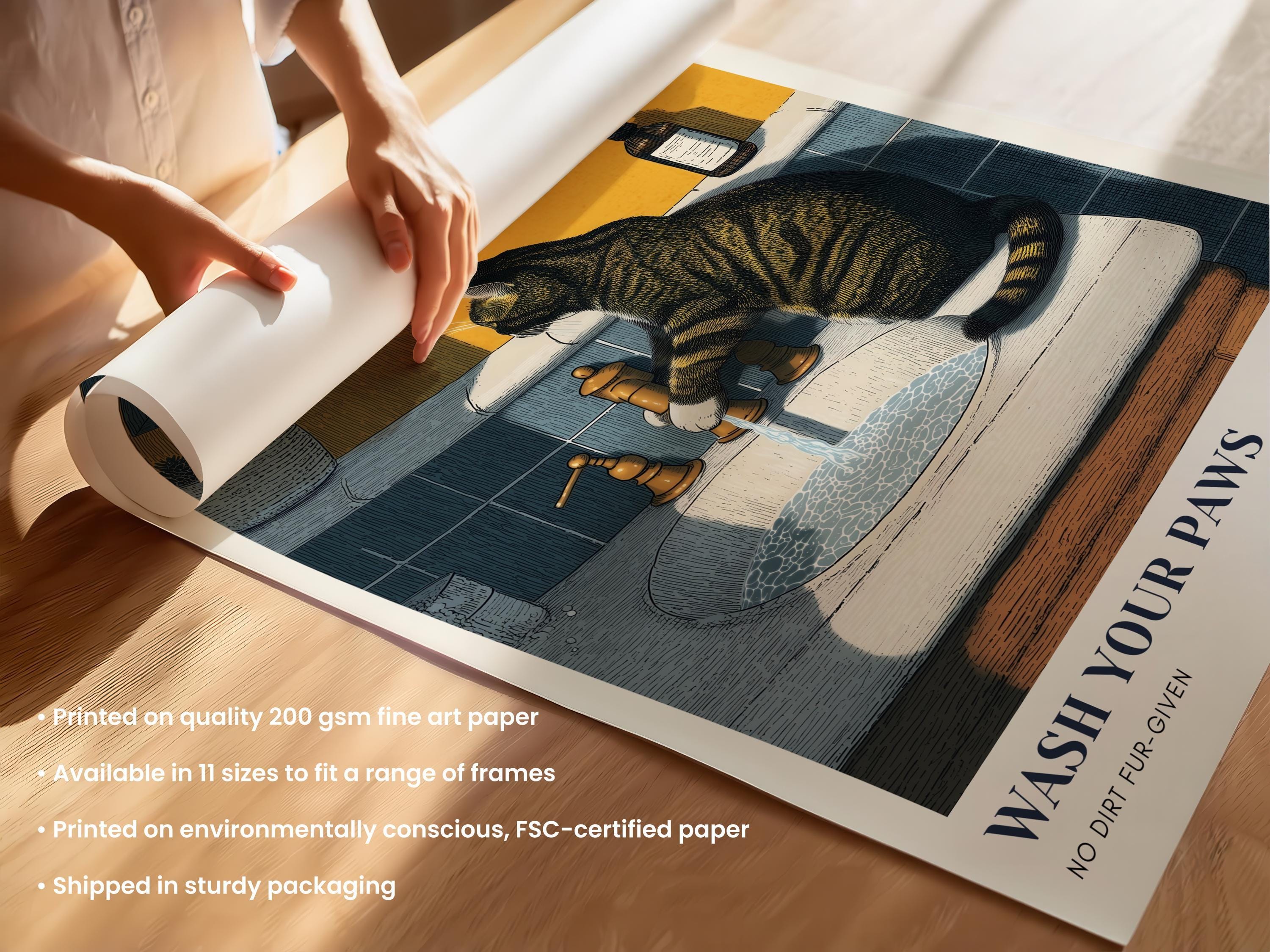 Tabby Cat Bathroom Wall Art Print – “wash Your Paws” – Grey Brown Tabby ...