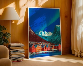 Muurkunstafdruk IJsland: noorderlicht Reykjavik – poster Nordic Travel