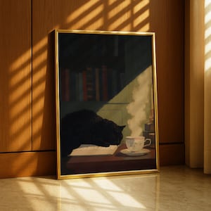 Black Cat Library Wall Art Print – Gothcore Cat Book Lover Artwork – Cozy Literary Cat Cottage Wall Decor image 5