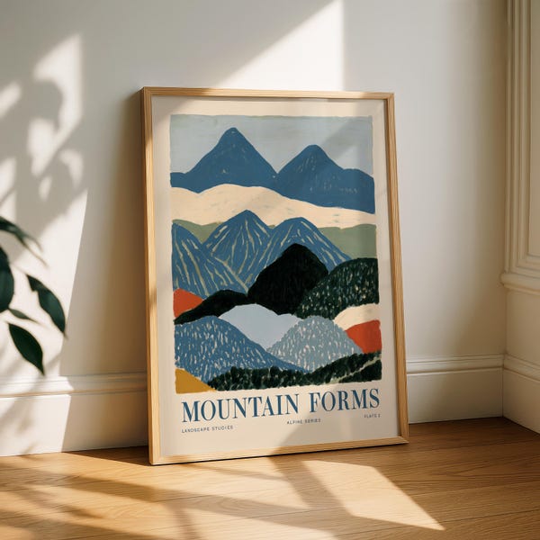 Bergvormen Alpine Print — Opvallende blauwe bergwanddecoratie, landschapsstudieposter, bergkunst met textuur, natuurprint uit de Alpine serie