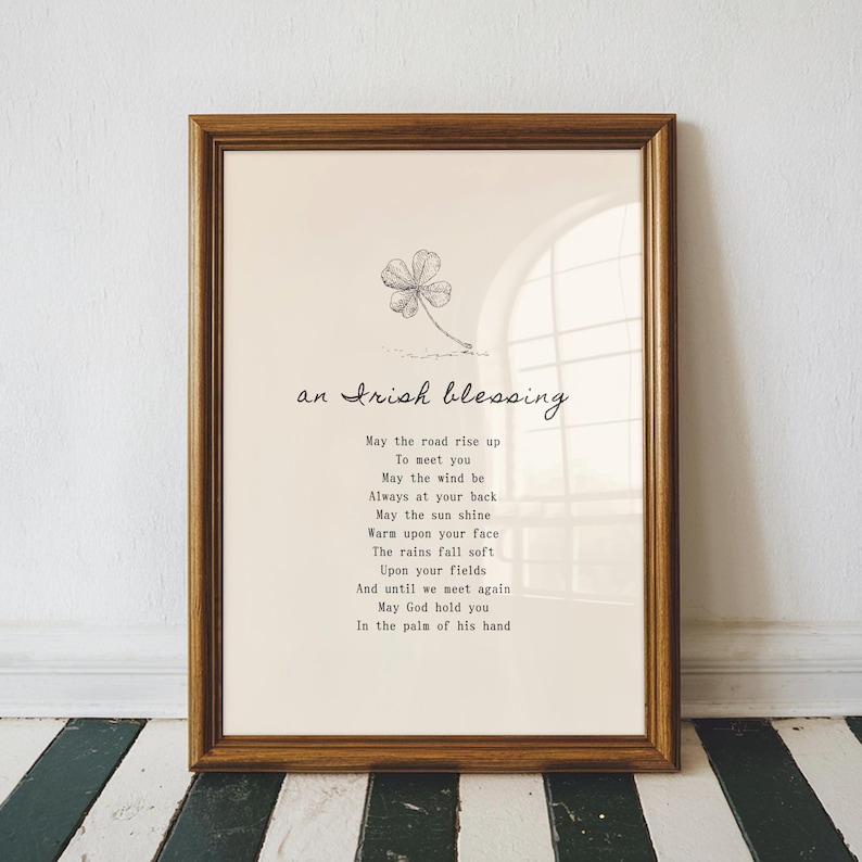 Framed Irish Blessing quote print with hand-drawn shamrock illustration – meaningful Celtic wall art gift.