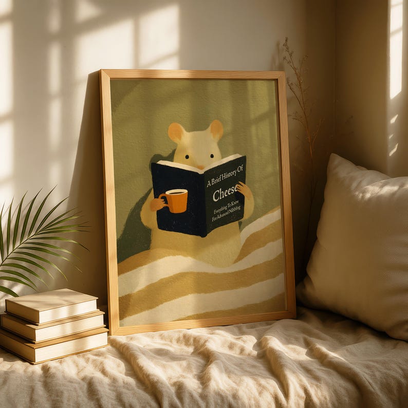 May include: A framed print depicting a cartoon mouse reading a book titled "A Brief History Of Cheese." The mouse holds a mug, and the artwork has a warm colour palette with a light wooden frame.