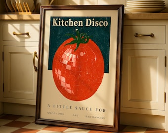 Kitchen Disco Print – Funny Kitchen Wall Art, Tomato Disco Ball, Retro Kitchen Decor, Dopamine Decor, Food Lover Gift, Quirky Wall Art