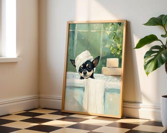 Chihuahua Bathtub Wall Art Print: Funny Bathroom Poster – Dog Decor