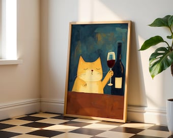 Cat Kitchen Print – Funny Cat Kitchen Wall Art with Wine – Cat Kitchen Poster for Home & Bar Decor