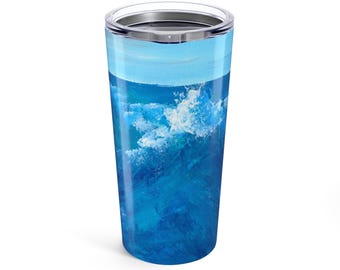 Vaso de 20 oz, taza con olas del océano, artículos para beber para la playa, recipiente para bebidas costeras, taza verde espuma de mar, diseño de surf en aumento