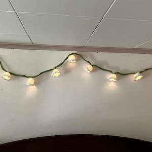 May include: A string of decorative lights shaped like white flowers with a warm glow. The lights are strung along a green vine and are mounted on a white wall. The lights are a decorative element.