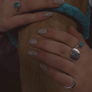 Puede incluir: Primer plano de las manos de una persona que lleva anillos de plata con piedras turquesa. La persona está sosteniendo un objeto peludo marrón.