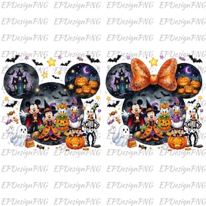 Pode incluir: Duas ilustrações digitais com silhuetas em forma de Mickey Mouse preenchidas com cenas de Halloween. Os personagens incluem Mickey, Minnie, Donald, Daisy e Goofy fantasiados, rodeados por abóboras, morcegos, fantasmas e uma casa assombrada.