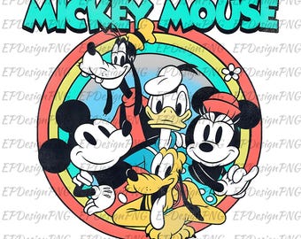 May include: A colorful graphic featuring Mickey Mouse and friends, including Goofy, Donald Duck, Minnie Mouse, and Pluto. The text "MICKEY MOUSE" is displayed above the characters, set against a rainbow-colored circle. The design has a vintage cartoon style.