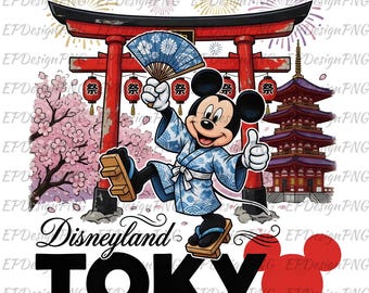 May include: A colorful graphic featuring Mickey Mouse in a Japanese kimono, holding a fan and giving a thumbs up. The image includes a red torii gate, a pagoda, cherry blossoms, and the text "Disneyland TOKYO".