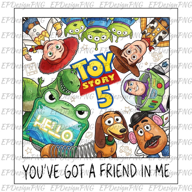 Puede incluir: Una ilustraci&oacute;n digital con personajes de Toy Story 5 incluyendo a Woody, Buzz Lightyear, Jessie, Rex, Slinky Dog, Mr. Potato Head y Aliens. El texto Toy Story 5 y You've Got A Friend In Me es visible, junto a una rana verde con una tablet.