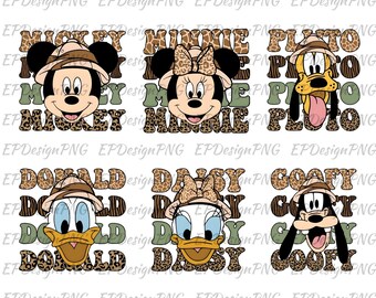 Könnte beinhalten: Sechs Cartoon-Charakter-Designs. Mickey Mouse, Minnie Mouse, Pluto, Donald Duck, Daisy Duck und Goofy sind abgebildet. Jeder Charakter trägt einen Safarihut und hat seinen Namen in einer Retro-Schriftart über und unter seinem Bild.
