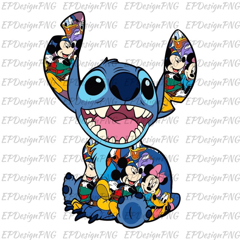 May include: A blue cartoon character with large eyes and a wide open mouth. The character is surrounded by smaller cartoon characters, including Mickey Mouse, Minnie Mouse, Donald Duck, and Goofy.