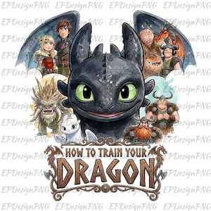 May include: A watercolor illustration featuring characters and dragons from "How to Train Your Dragon." The central focus is a black dragon with green eyes, surrounded by other characters and dragons. The title "How to Train Your Dragon" is displayed at the bottom.