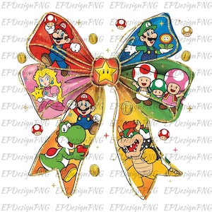 Puede incluir: Un lazo colorido con personajes de la serie de videojuegos Super Mario. El lazo incluye a Mario, Luigi, la Princesa Peach, Yoshi, Bowser y los Toads. Monedas de oro y estrellas están dispersas.