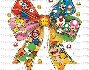 May include: A colorful bow featuring characters from the Super Mario video game series. The bow includes Mario, Luigi, Princess Peach, Yoshi, Bowser, and Toads. Gold coins and stars are scattered around the bow.