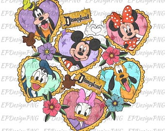 May include: A colorful illustration of Mickey Mouse, Minnie Mouse, Donald Duck, Goofy, and Pluto in heart-shaped frames with the text "Disneyland" on two of the frames. The illustration is surrounded by flowers.