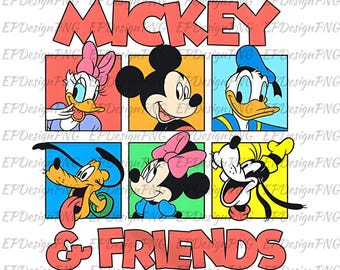 May include: A colorful illustration of Mickey Mouse and his friends. The image features Mickey Mouse, Minnie Mouse, Donald Duck, Goofy, and Pluto. Each character is in a separate square with a different colored background. The text "MICKEY & FRIENDS" is at the top of the image.