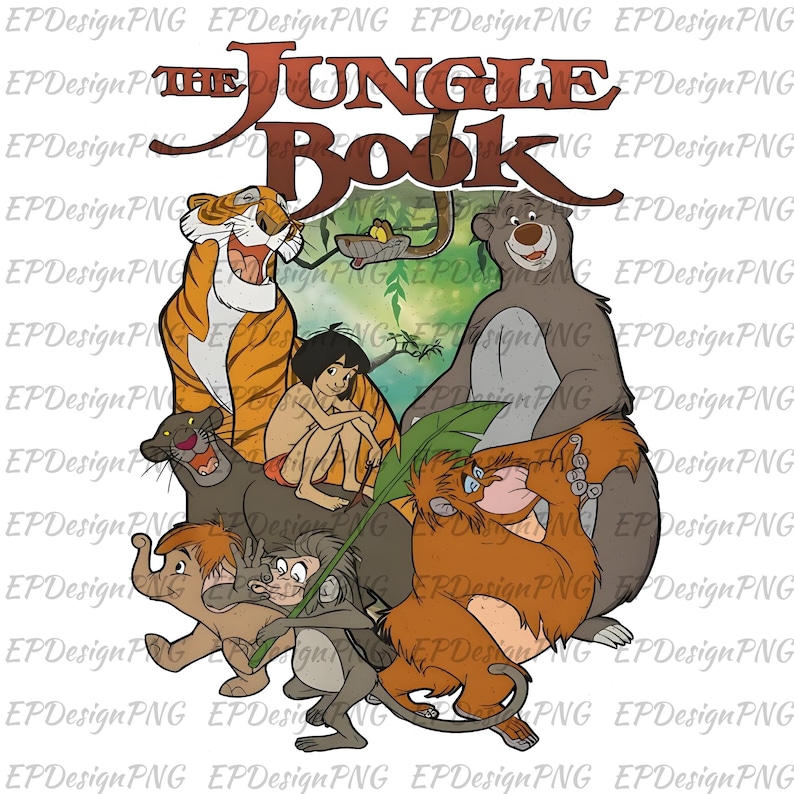 May include: A colorful illustration featuring characters from "The Jungle Book." The image includes a tiger, bear, panther, monkey, and a boy, with the title text at the top. The characters are set against a jungle backdrop.