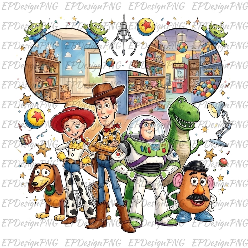 May include: Watercolor illustration featuring characters from a popular animated movie. The image includes Woody, Buzz Lightyear, Jessie, Rex, Mr. Potato Head, and Slinky Dog. The background shows a toy store and alien characters.