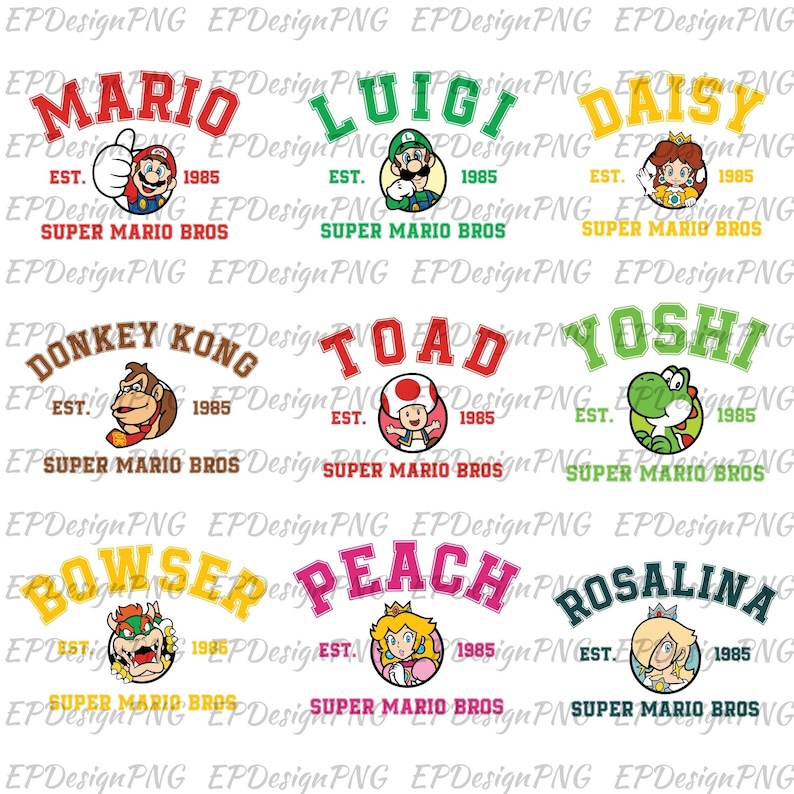 Pu&ograve; includere: Un collage digitale di nove loghi di personaggi di Super Mario Bros. Ogni logo presenta un personaggio diverso, tra cui Mario, Luigi, Daisy, Donkey Kong, Toad, Yoshi, Bowser, Peach e Rosalina. Ogni logo &egrave; in uno schema di colori diverso e presenta il nome del personaggio in un font in stile universitario. Il testo "EST. 1985" e "SUPER MARIO BROS." appare sotto ogni logo.