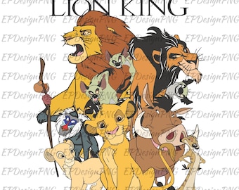 May include: A graphic featuring characters from The Lion King, including Simba, Mufasa, Scar, Timon, Pumbaa, and others. The title "THE LION KING" is displayed at the top in bold, black letters. The characters are in various shades of yellow, brown, and tan.