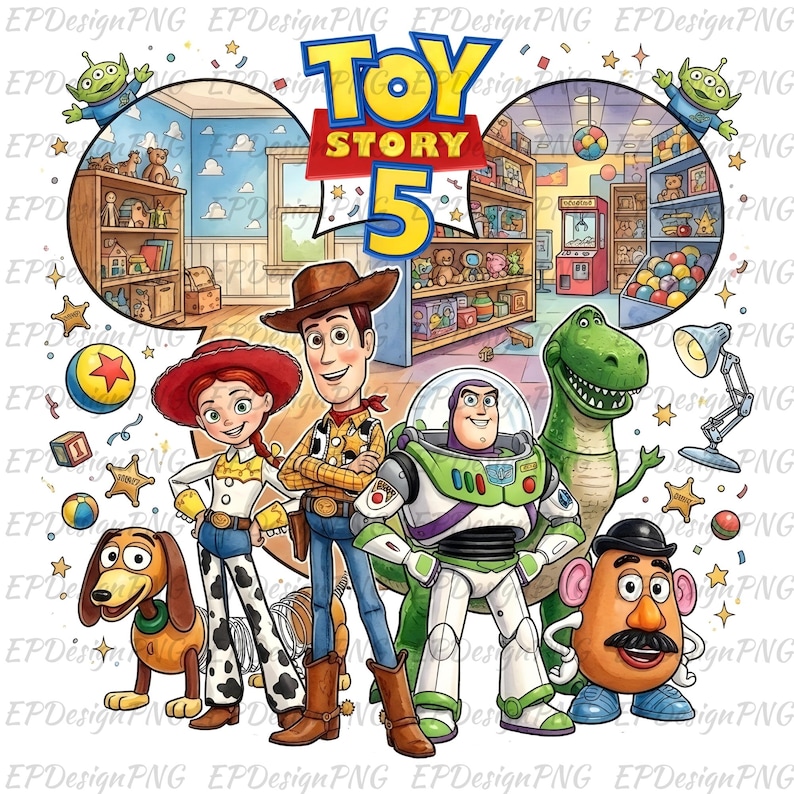 May include: A vibrant illustration of Toy Story 5 characters, including Woody, Jessie, Buzz Lightyear, Rex, Mr. Potato Head, and Slinky Dog. The image features toy-filled rooms and the text "TOY STORY 5".