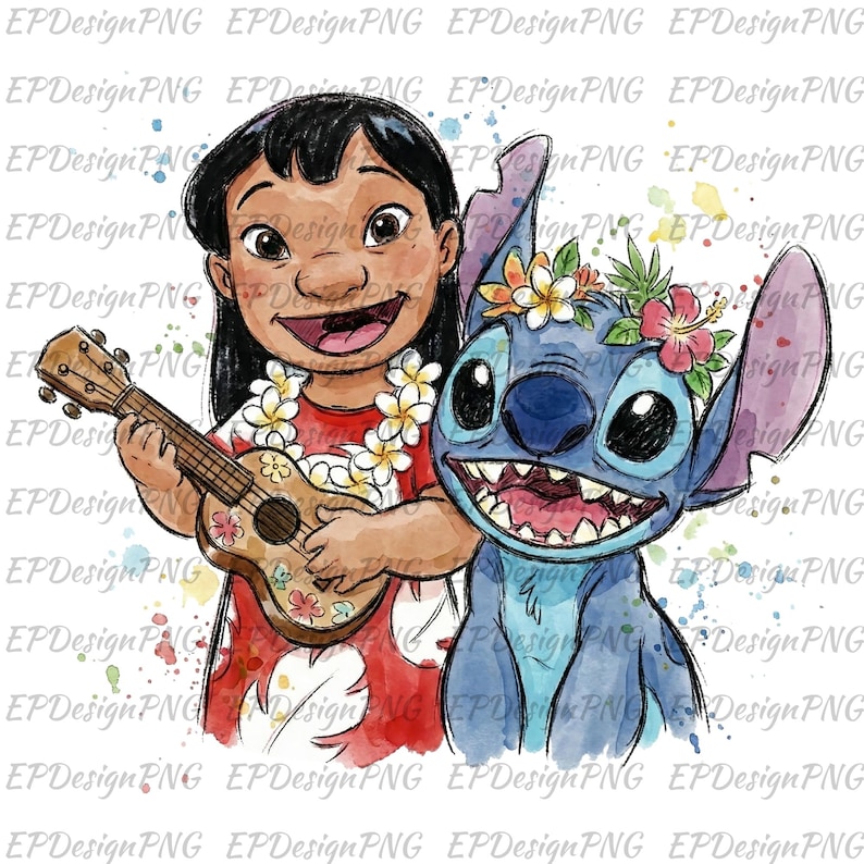 May include: Watercolour illustration of Lilo playing a ukulele with Stitch. Lilo wears a red shirt and a flower lei. Stitch is blue with a flower crown. The background has colourful paint splatters.