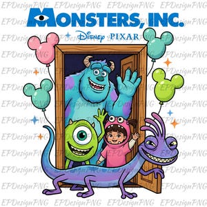 Puede incluir: Ilustración colorida con personajes de la película de Disney Pixar, Monstruos S.A. La imagen incluye el título de la película, el logotipo de Disney Pixar y varios personajes de dibujos animados, como Sulley, Mike Wazowski, Boo y Randall. También hay globos con forma de Mickey Mouse.