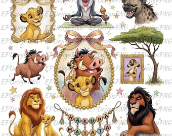 May include: A collection of watercolor illustrations featuring characters from the animated film, The Lion King. Includes Simba, Timon, Pumbaa, Rafiki, Scar, and a hyena. The phrase "Hakuna Matata" is spelled out on a decorative strand.