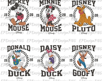 May include: Six Disney character designs. Mickey Mouse in red shorts, Minnie Mouse in a polka dot dress, Pluto, Donald Duck, Daisy Duck, and Goofy. Each character is inside a black and white checkered circle with the Disney logo.