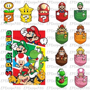 Puede incluir: Colección de gráficos temáticos de Super Mario Bros. Incluye personajes como Mario, Luigi, Yoshi y Bowser, junto con elementos icónicos como una estrella, una seta y un bloque de interrogación. El diseño presenta colores vibrantes y una estética lúdica.