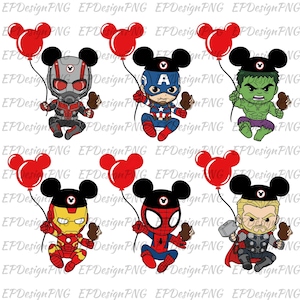 May include: Cartoon illustrations of Marvel superheroes, each with a Mickey Mouse-themed hat and a red balloon. Characters include Ant-Man, Captain America, Hulk, Iron Man, Spider-Man, and Thor. Each figure also holds a chocolate treat.