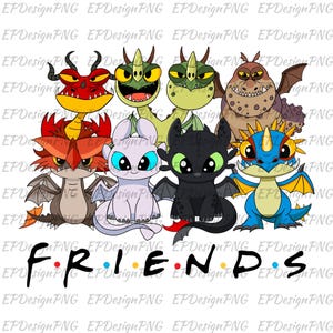 May include: A digital graphic of cartoon dragons in various colours, including red, green, black, and blue. The word "FRIENDS" is written in the style of the TV show logo. The image is set against a white background.