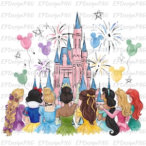Puede incluir: Ilustración en acuarela que presenta un castillo rosa con torres azules, fuegos artificiales y globos con forma de Mickey Mouse. Siete princesas se representan en primer plano, mirando hacia el castillo. La imagen tiene un tema caprichoso y de cuento de hadas.