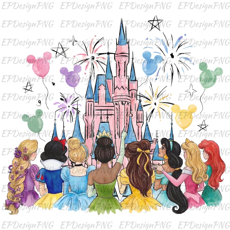 Op de afbeelding: Waterverfillustratie met een roze kasteel met blauwe torentjes, vuurwerk en Mickey Mouse-vormige ballonnen. Zeven prinsessen zijn op de voorgrond afgebeeld, met uitzicht op het kasteel. De afbeelding heeft een grillig, sprookjesachtig thema.