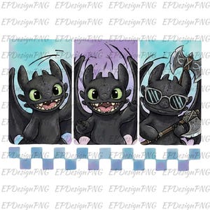 May include: A three-panel illustration of a black dragon with green eyes. The dragon is shown in three poses: smiling, waving, and wearing sunglasses while holding an axe. The background has a watercolour effect.