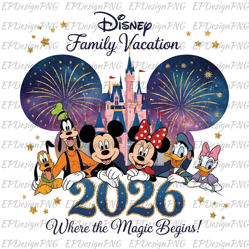 May include: A digital graphic featuring Disney characters Mickey, Minnie, Donald, Daisy, Goofy, and Pluto. The image includes a castle, fireworks, and the text "Disney Family Vacation 2026 Where the Magic Begins!" in a navy blue and gold colour scheme.