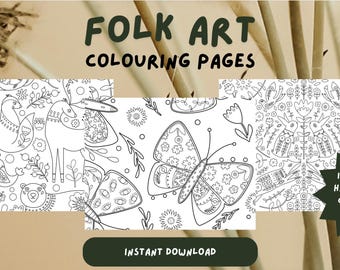 Op de afbeelding: Folk art kleurplaten met handgetekende illustraties van dieren, vlinders en bloemmotieven. De afbeelding bevat de tekst "Folk Art Colouring Pages", "Instant Download" en "Includes 9 Hand-Drawn Colouring Pages".