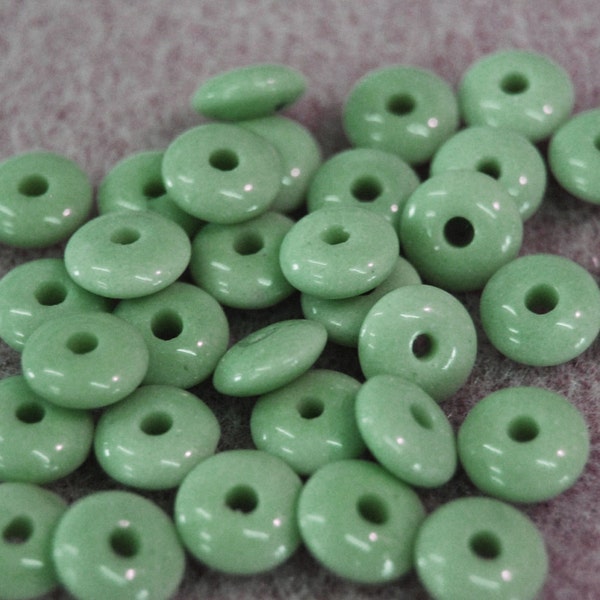 Vintage Glass Beads, Pretty Rondelle Shape in a Mid Century Mint Green, Creamy Opaque Color, One Lot of 35 Pieces, A2-1