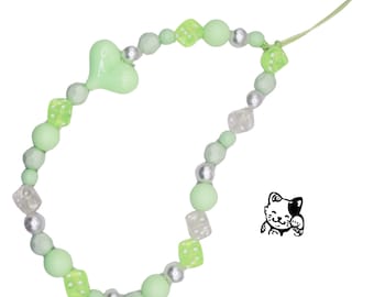 Stylish green/white phone charm/strap/keychain, unique & handmade