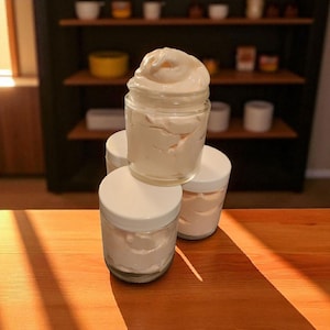 Homemade All Natural Goat Milk and Shea Butter Whipped Body Cream. A soft scent of Sweeted With Honey 4 oz size