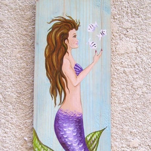 Mermaid and Fish Hand Painted on Reclaimed Wood Driftwood Plaque image 1