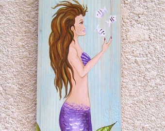 Mermaid and Fish Hand Painted on Reclaimed Wood Driftwood Plaque