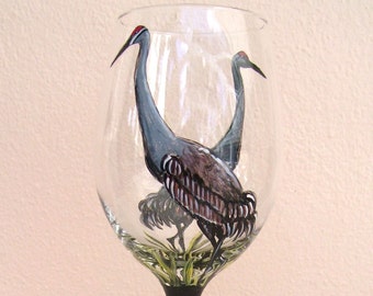 Sandhill Crane  Heron Egret Wine Glass Hand Painted Wine Goblet (Custom Order)