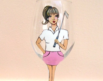 Golf/Tennis Ladies Wine Glass, Sport Girl Friend Portrait /Likeness Wine Glass Hand Painted (Custom Order)