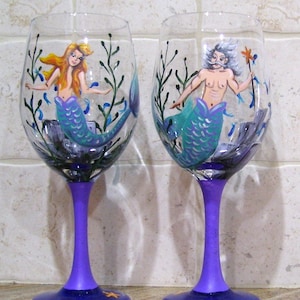 Mermaid Wine Glasses Male Female Hand Painted Set (Custom Order Only) Cocktail Candle Holder